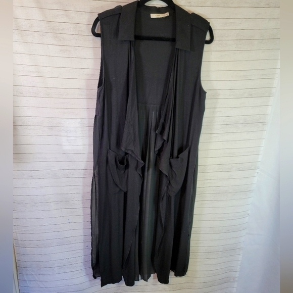 LUSH SLEEVELESS SHEER BLACK DUSTER W FRONT POCKETS, SZ MEDIUM - Picture 3 of 13
